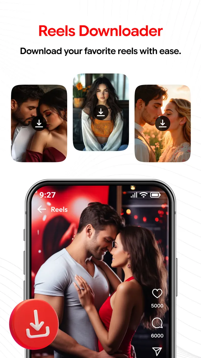 Reels screen with a download button on each thumbnail and a full-screen reel showing like and comment counts