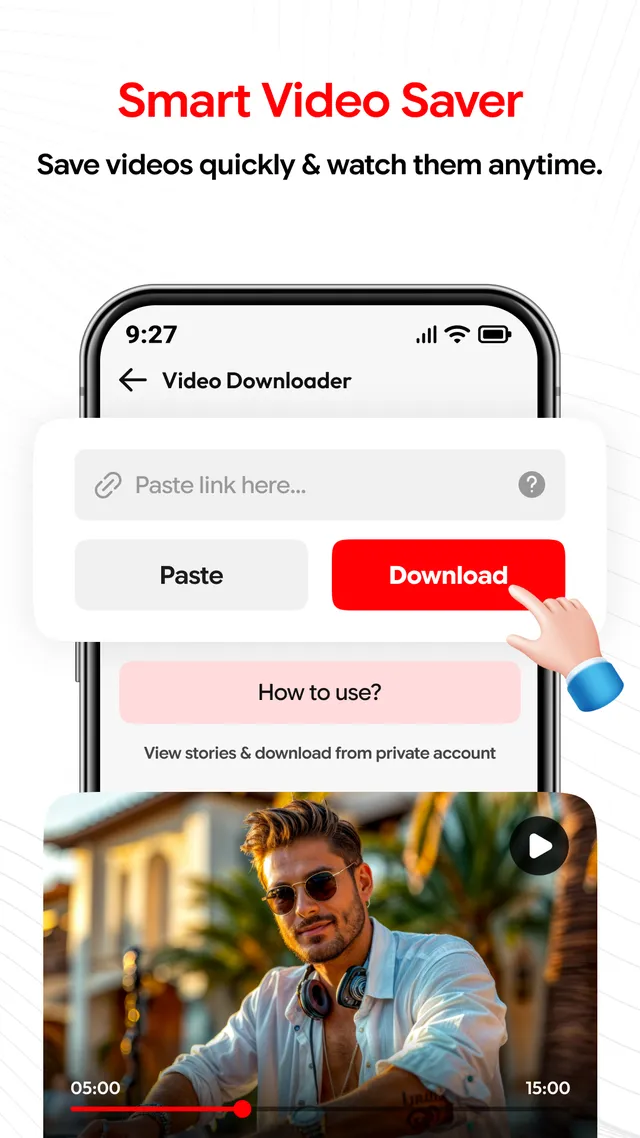 Video Downloader screen with a paste-link field, Paste and Download buttons, and a saved video playing below