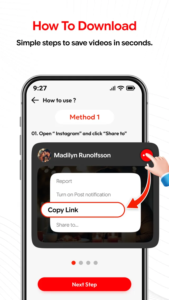 Step-by-step help screen showing where to find Copy Link in a post's share menu